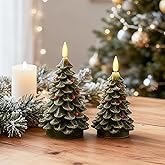 WDS WONDROUS Christmas Tree Flameless Taper Candles Xmas Decor, 2 PCS Green Christmas LED Taper Candles, Electric Candlesticks Battery Operated for New Year Holiday Decorations Fireplace