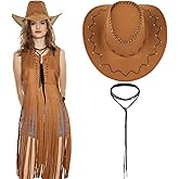 MAKCNMYM Women Fringe Vest 70s Western Cowgirl Outfits Vest Top Hippie Sleeveless Tassel Jacket with CowboyHat and Necklace