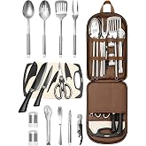 Cynrikah Portable Camping Utensil Set, 15PCS Camping Cookware with Organizer Cooking Kit Stainless Steel Accessories with Knife Fork Spoon RV Essentials Cook Equipment for Picnics BBQs Travel