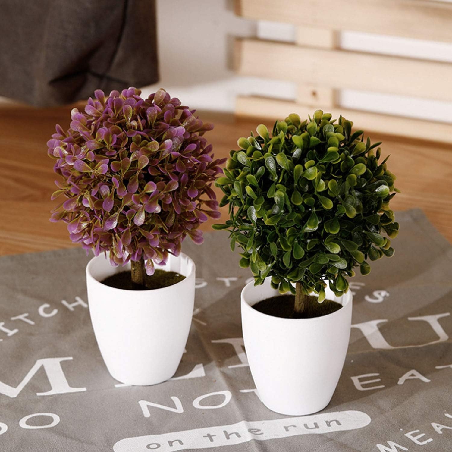FagusHome 8" Artificial Plants Potted Artificial Boxwood Topiary Tree Artificial Ball Shaped Tree Fake Fresh Green Grass Flower in White Plastic Pot for Home Décor – Set of 3 (G) -