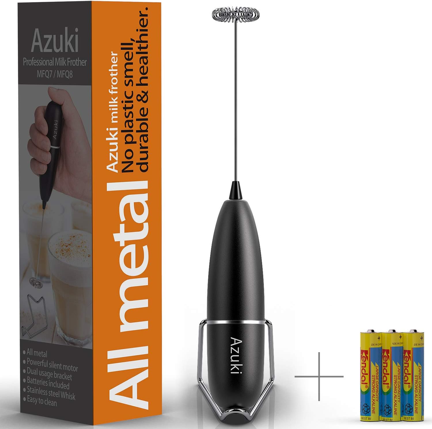 Azuki Milk Frother Handheld Battery Operated Electric Foam Maker Durable Coffee Mixer for Latte, Cappuccino, Hot Chocolate, Matcha, with Stainless Steel Whisk and Stand, Batteries Included