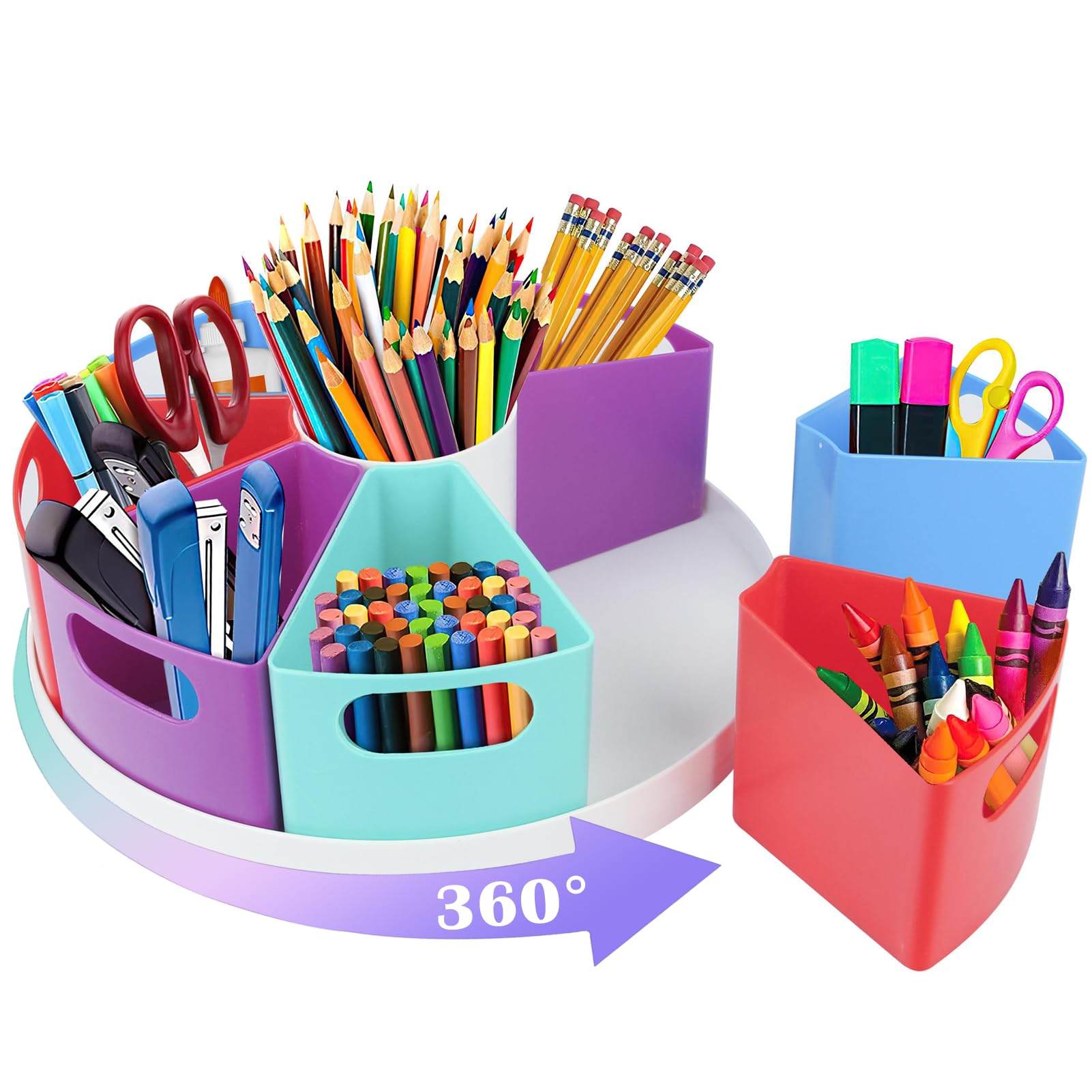 ZERUIDM Rotating Desk Stationary Organiser for Kids, 9 Slots Art Supply Organiser Caddy, Spin Pencil/Pen Holder for Home School Classroom Multicolored