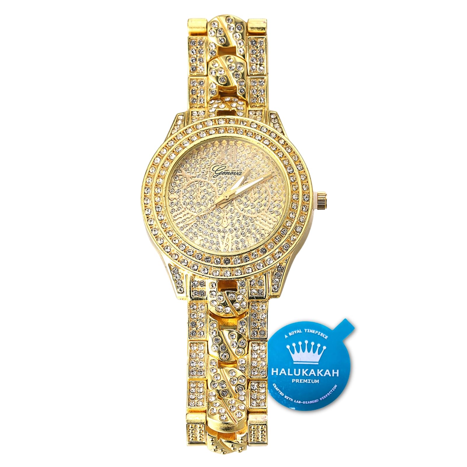 Diamond Gold-Plated Watch, Men's 18 Carat Real Gold Plated/Platinum White Gold Plated Cuban Chain Band Quartz Bracelet 24 cm with Cuban Chain 20 cm Bracelet + 45 cm Necklace, Laboratory