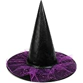 Kids Witch Hat with Glitter Tulle for Halloween Costume-Black and Purple | 14.5" Tall Pointed Cap 16" Wide Brim 7" Fit, Textured Faux Leather Dress Up Accessory for Girls Trick or Treat Parade