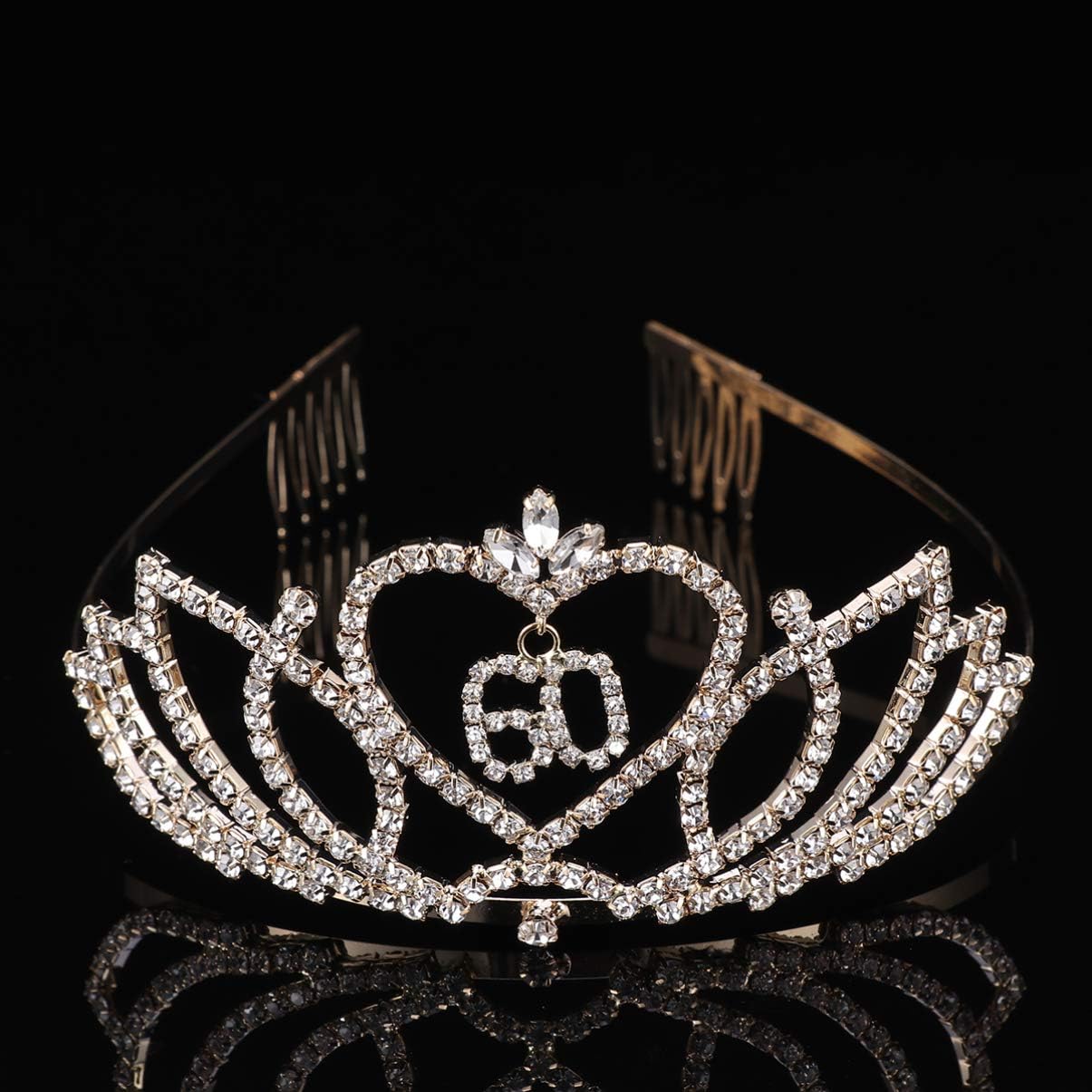 Crystal Rhinestone 60th Birthday Tiara Crown with Hair Comb 60th Birthday Tiara Wedding Anniversary Jewelry (Golden) - Image 3
