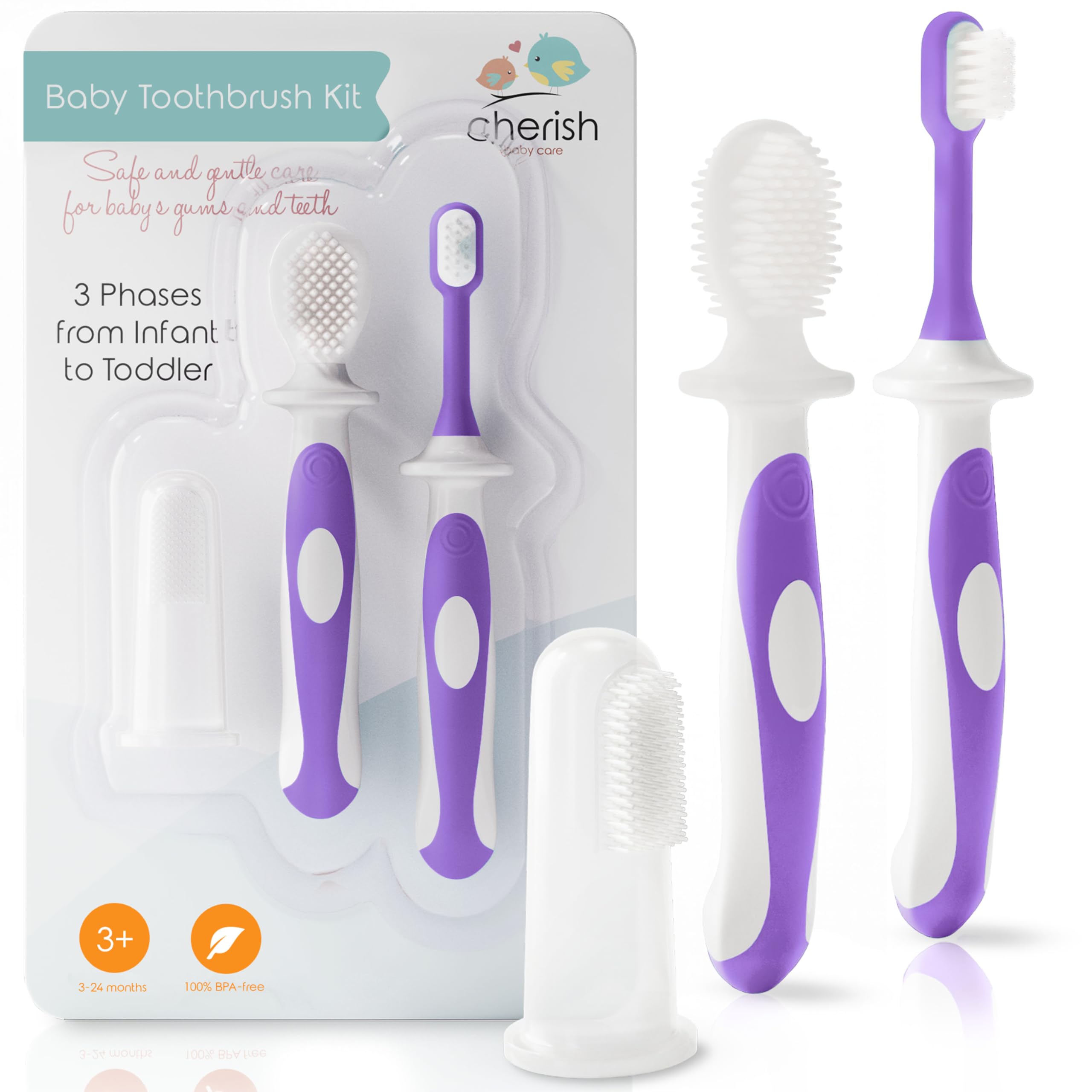 Cherish Baby Care 0-2 Years Toothbrush - Safety-Tested & BPA-Free 3-Pack (Finger, Silicone, Toddler) - Baby's First Toothbrush Kit (Purple)