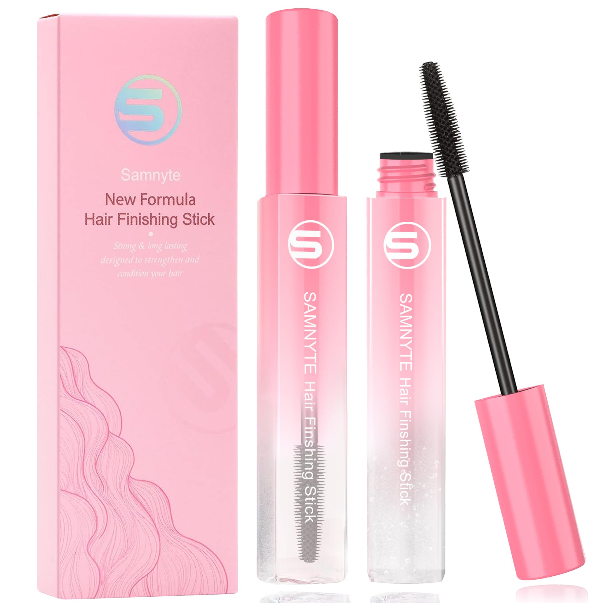 Samnyte Hair Finishing Sticks, 2pcs - Fly Away Hair Tamer, Anti Frizz Flyaway Tamer With Brush, Moisturizing Not-Greasy Hair Styling Gel - Pink