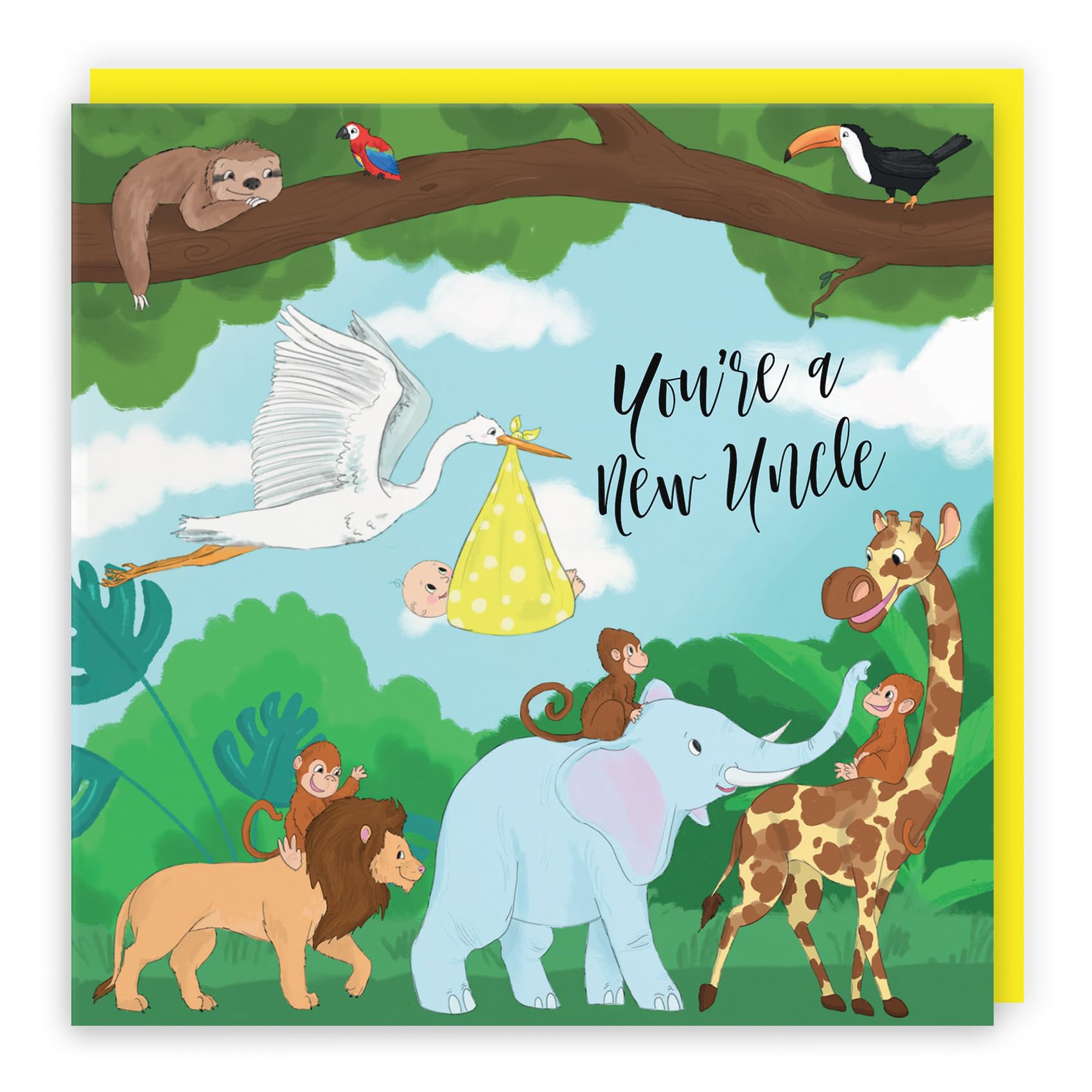 Hunts England - New Uncle Congratulations New Baby Card - Stork Holding New Baby Card - Yellow - You're A New Uncle - Boy - Girl - New Niece - Nephew Card - Jungle Collection
