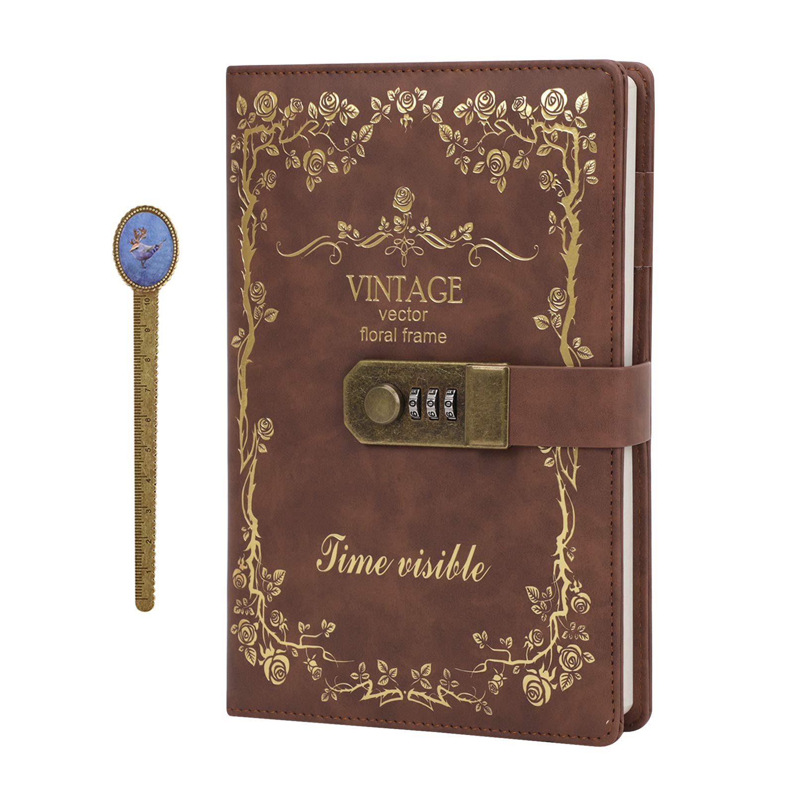 IPENNY A5 Vintage Leather Journal with Combination Lock Digital Password Journal with Bookmark Pen Loop Retro Privacy Notebook Writing Travel Diary Locking Journal, 100 Sheets (Style 6-Brown)