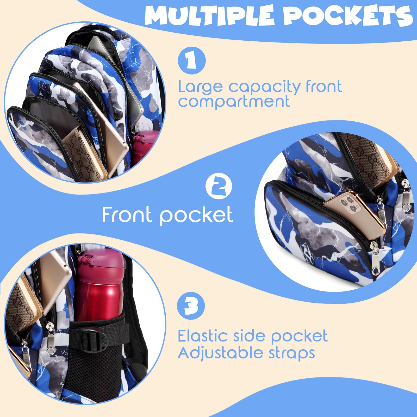BLUEFAIRY Kids Backpack for Boys Elementary Book Bags Primary Middle School Bookbags for Childs Water Resistant Back to School Gifts Son Mochila Escolares para Niños Aged 8-10 17 Inch Camo Blue