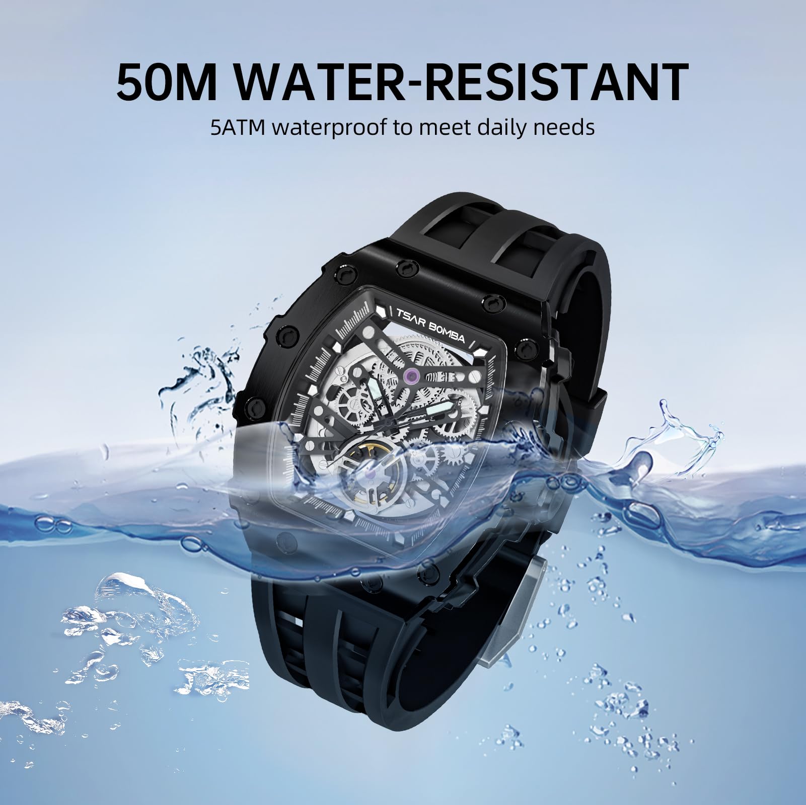 TSAR BOMBA Watch for Men, 50M Waterproof Automatic Mens Watch, Skeleton Mechanical Tonneau Big Face Dial Black Watch with Silicone Watch Bands, Gifts for Men