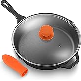 NutriChef 10 Inch Cast Iron Skillet with Lid - Pre-Seasoned Small Fry Pan with Side Drip Spout and Silicone Handle