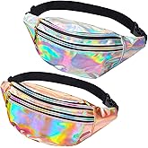 2 Pieces Holographic Fanny Pack,Hologram PU Waist Pack Waterproof Shiny Waist Bag,Laser Waist Bum Bag Adjustable Belt,Metallic Color Sport Waistbag,Fashion Rave Waist Bag(Shiny Silver+Rose Gold)