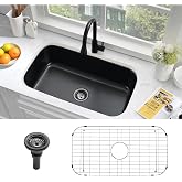 Bokaiya 31x18 Black Undermount Kitchen Sink 16 Gauge Stainless Steel | 31 Inch Stainless Steel Kitchen Sink Undermount Black 16 Gauge Single Bowl Kitchen Sink with Dish Grid