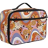 Parprinty Cute Lunch Box for Girls Soft School Lunchbox Reusable Insulated Lunch Tote Cooler Thermal Meal Tote Kit Orange Hippie Daisy Floral Lunch Bag for Girls