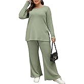Nemidor Womens Plus Size Clothing Sets Tracksuits Fall Casual 2 Piece Outfits Ribbed Knit Long Sleeve Top and Pants 1XL-5XL