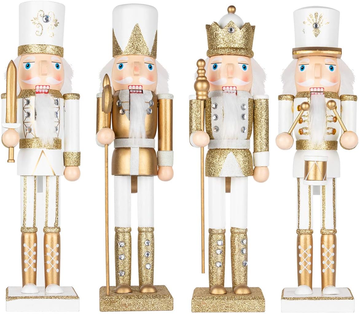Nutcrackers - KI Store White and Gold Christmas Nutcracker 15-Inch Set of 4 Wooden King and Soldier Nutcracker Figurine Display Set for Christmas Decorations