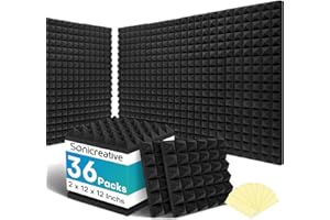 Sonicreative 36 Packs Acoustic Foam Panels Pyramid 2"×12"×12" High Density Sound Proof Foam Panels for Walls, Noise Cancelling with 180 Pcs Double Side Self Adhesive1