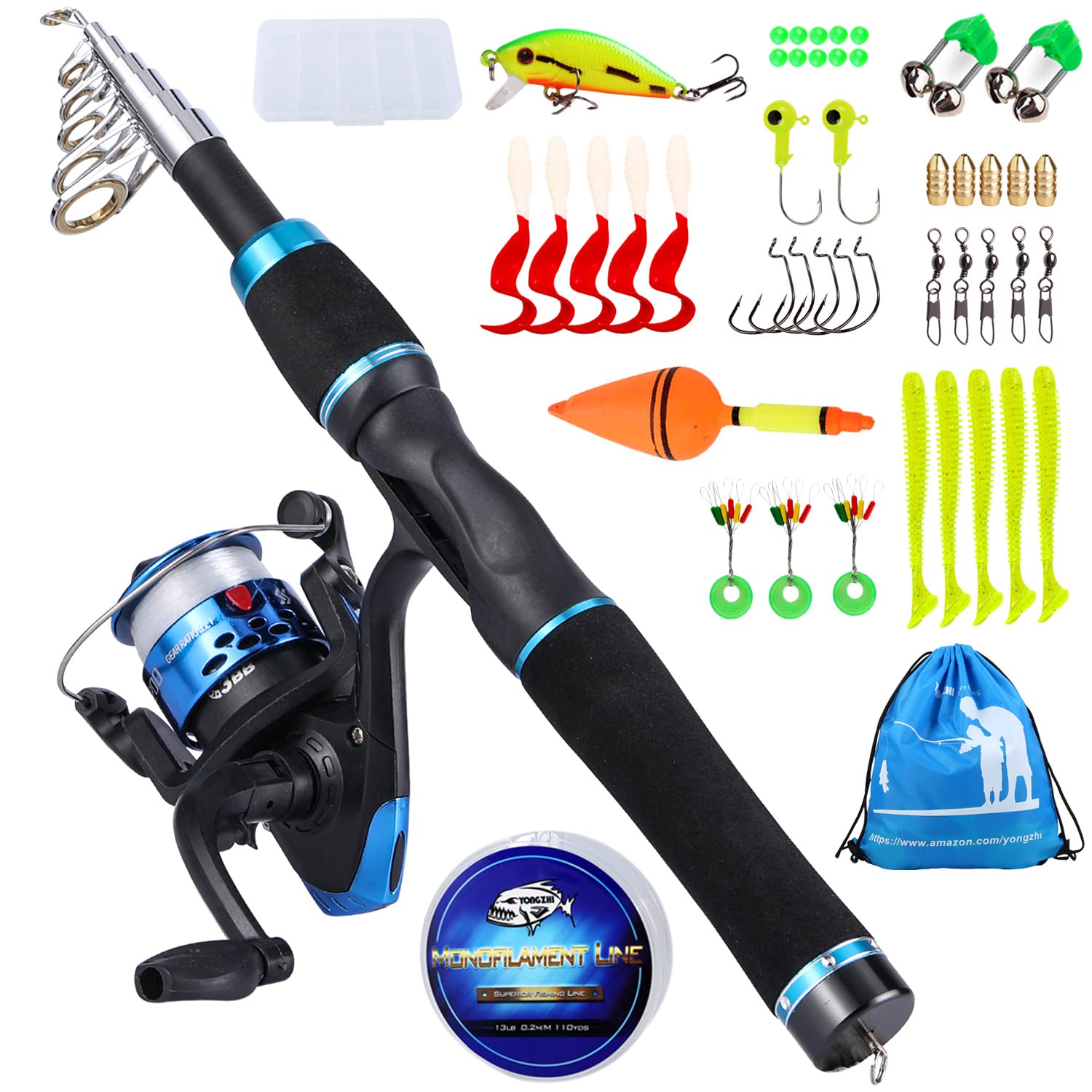 Sougayilang Kids Fishing Pole with Spinning Reels,Telescopic Fishing Rod for Travel Freshwater Bass Trout Fishing（Blue）