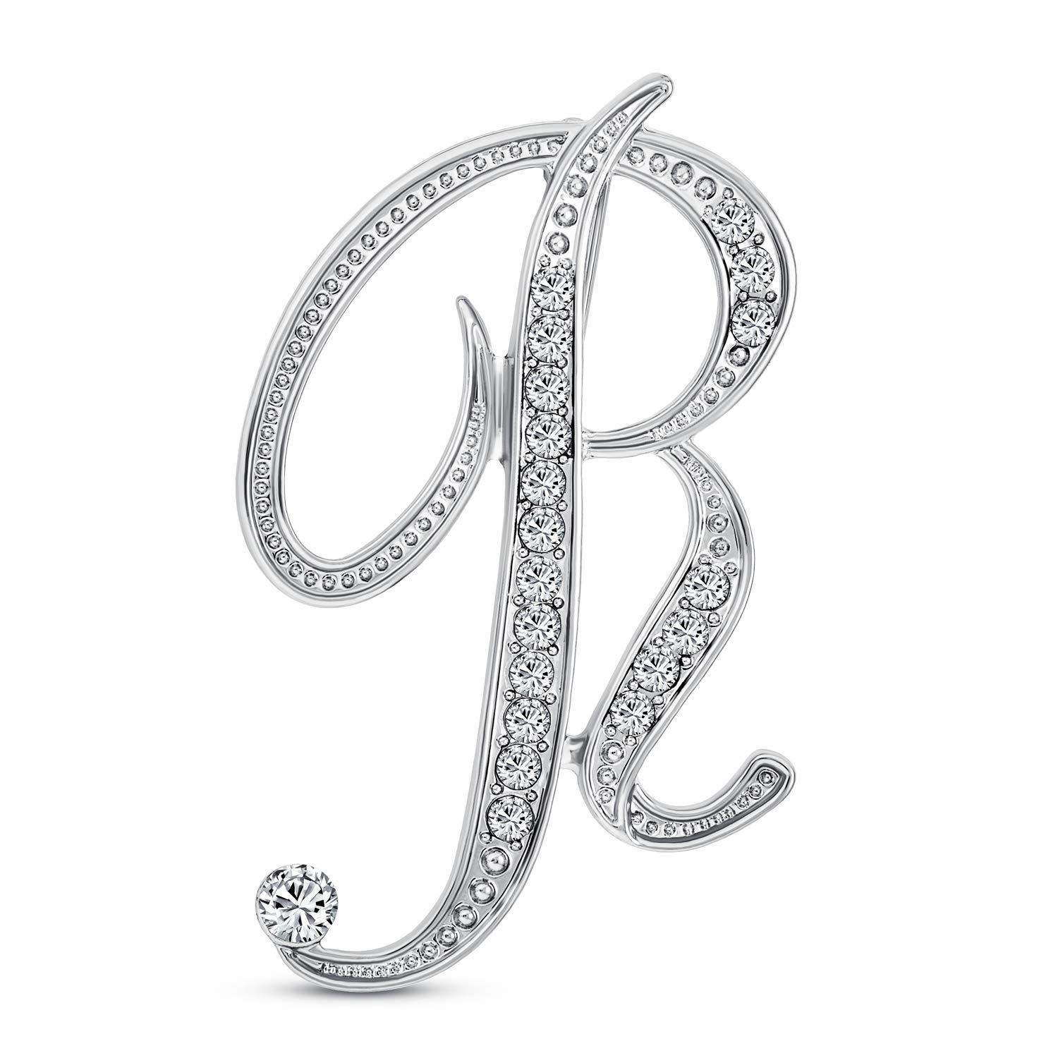 Large Statement ABC Pave Crystal Cursive Script Monogram Letters Alphabet Initial R Scarf Lapel Pin Brooch For Women Silver Plated — image 1