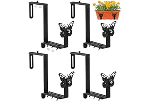 XYADX Planter Box Brackets, Adjustable Window Boxes Planters Brackets with Butterfly, Hanging Flower Box Stand Hooks for Deck Railing Pergola Balcony Garden - 4 Pack