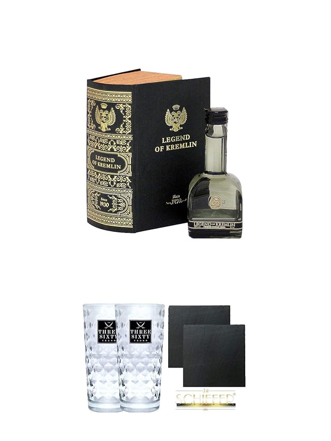 Legend Of Kremlin Wodka 0,05 Liter in Bibel Miniatur + Three Sixty Vodka Gläser 2 Stück + Schiefer Glasuntersetzer eckig ca. 