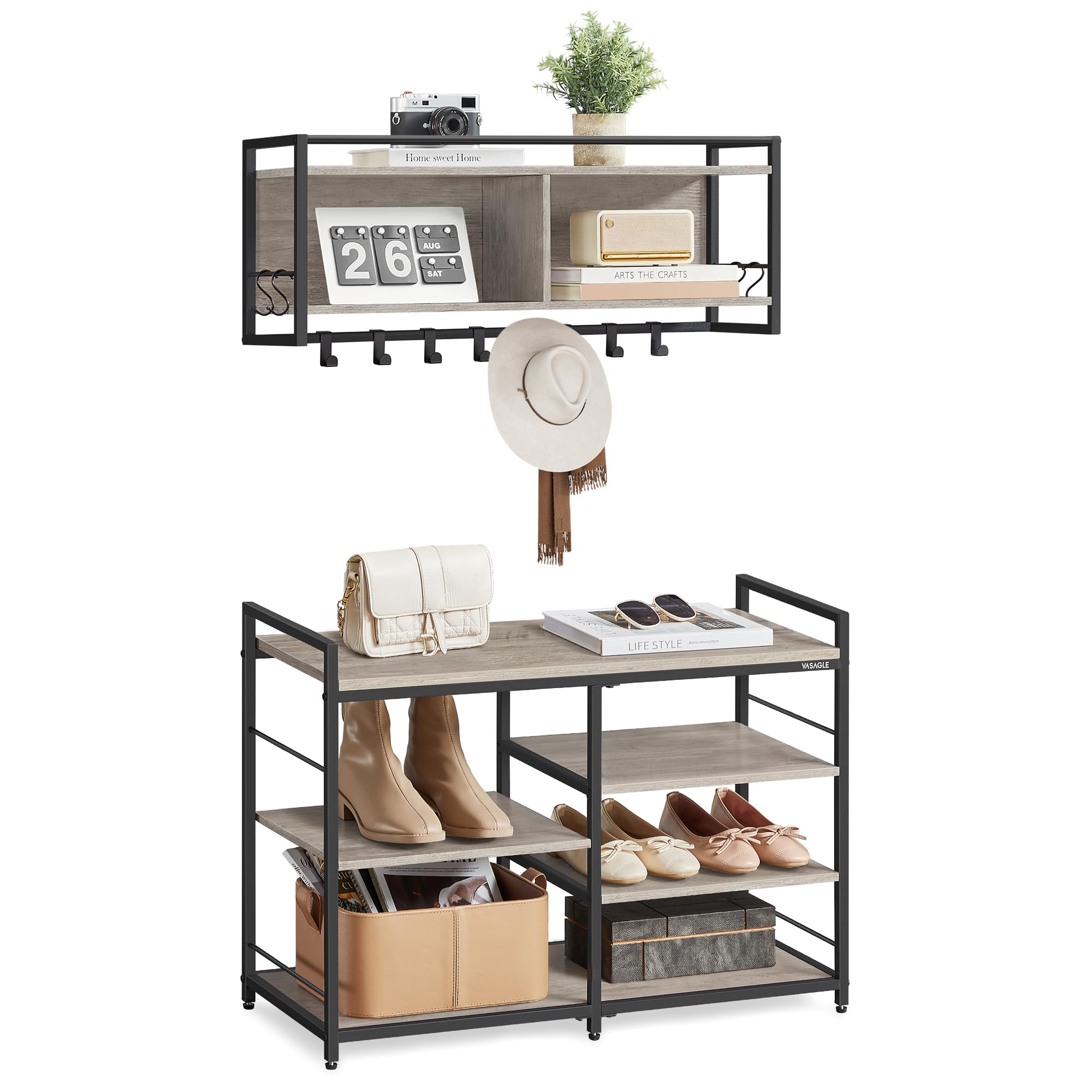 VASAGLE Hall Tree with Shoe Bench, Coat Rack Shoe Bench Set, Entryway Furniture, Multifunctional, 12 Metal Hooks, 4-Tier Shoe Rack, for Entryway, Bedroom, Heather Greige ULSB107K02 Image