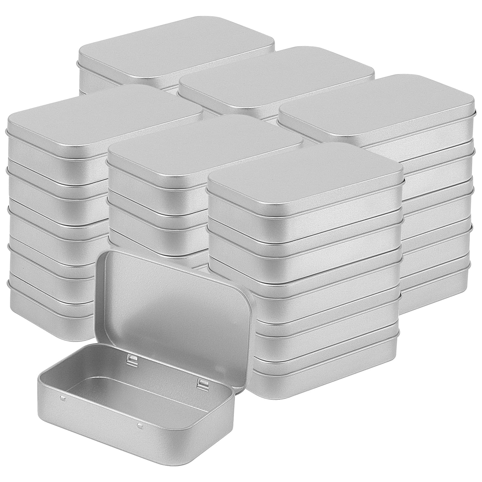 KEILEOHO 30 PCS Small Hinged Tin Box, 94x61x20mm Rectangular Metal Storage Tins for Candies Key, Silver
