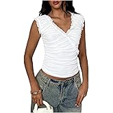 Floerns Women's Ruched Sleeveless T Shirts Mesh Frill Trim V Neck Fitted Tank Tops