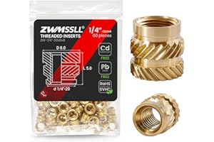ZWMSSLL 1/4"-20 Heat Set Threaded Inserts,60 Pieces 1/4"-20x5x8 Heat Set Insert for 3D Printing Components and Plastic Parts,Brass Knurled Nuts