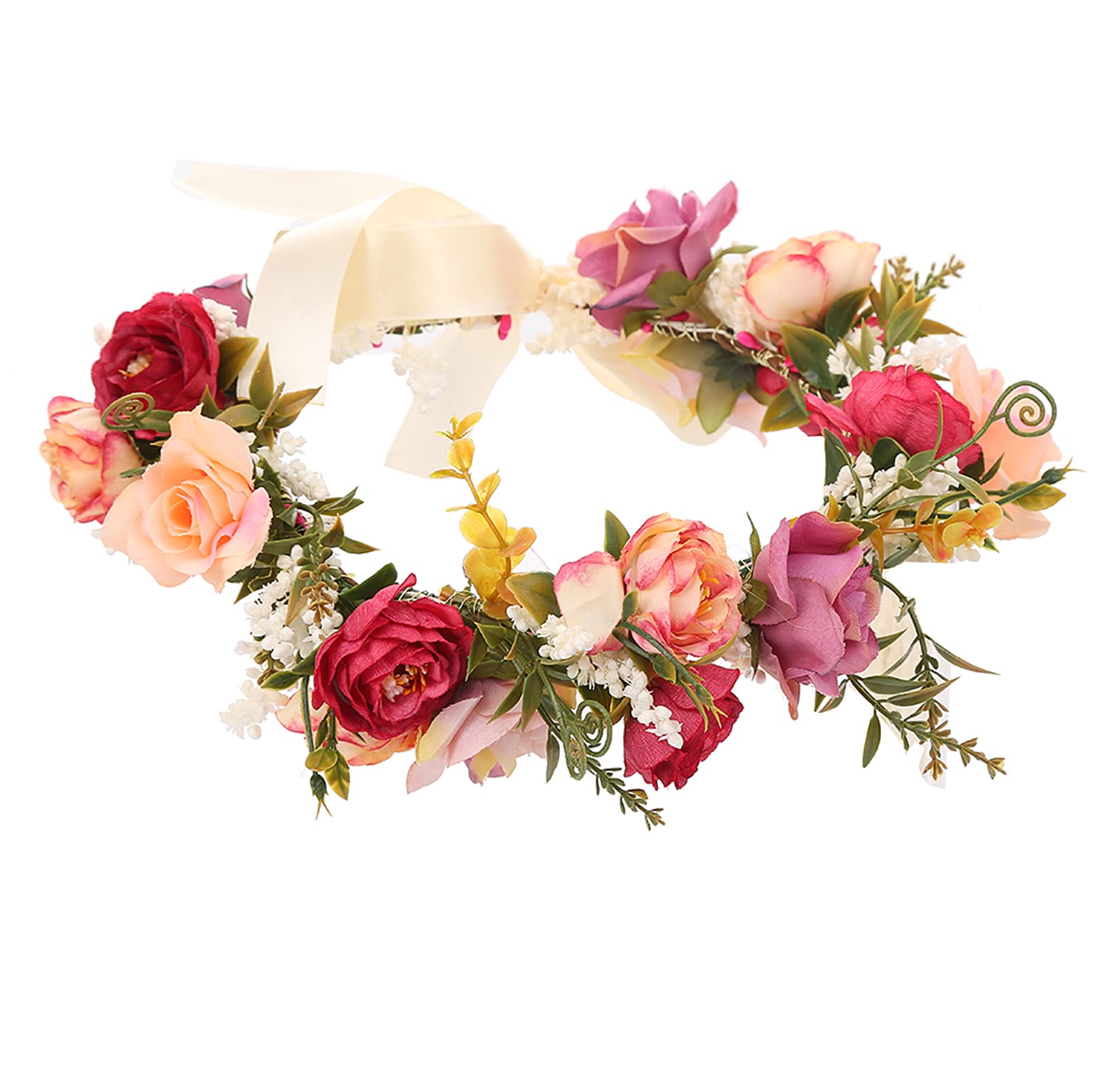 Brikuinr Rose Flower Crown Floral Headband Garland Hair Wreath Hair Garland Flower Halo Floral Headpiece Boho with Ribbon Wedding Party Festival Rosy