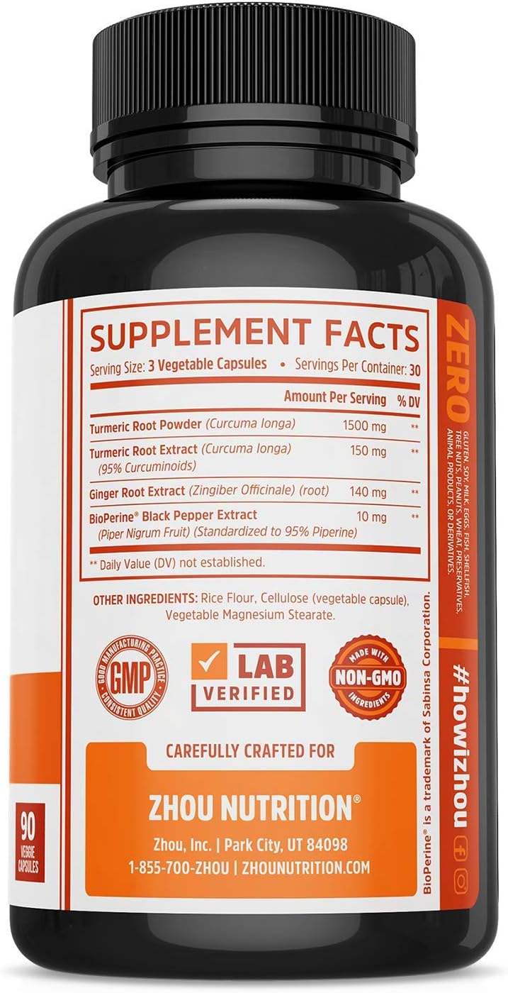 Turmeric Curcumin and Ginger with Bioperine 1800 mg – Includes 95% Curcuminoids – Extra Strength Antioxidant for Maximum Joint Comfort and Mobility - Non-GMO & Gluten Free - 90 Veggie Capsules: Health & Personal Care