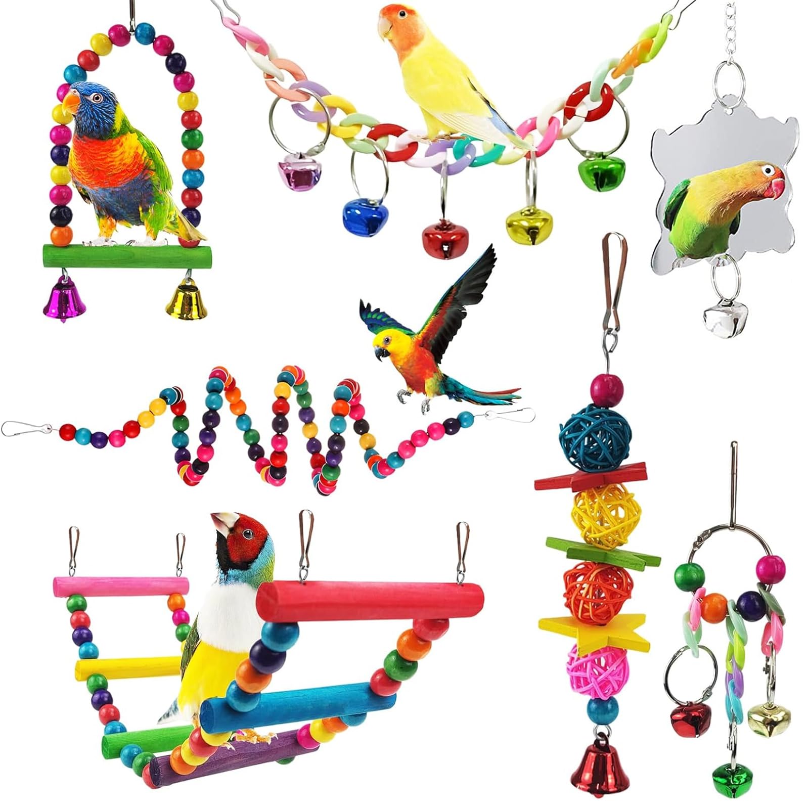Vueinrg Bird Toys Set of 7 Wooden Chew Toys for Parakeets Macaws Cockatiels Parrots Parakeet Finch