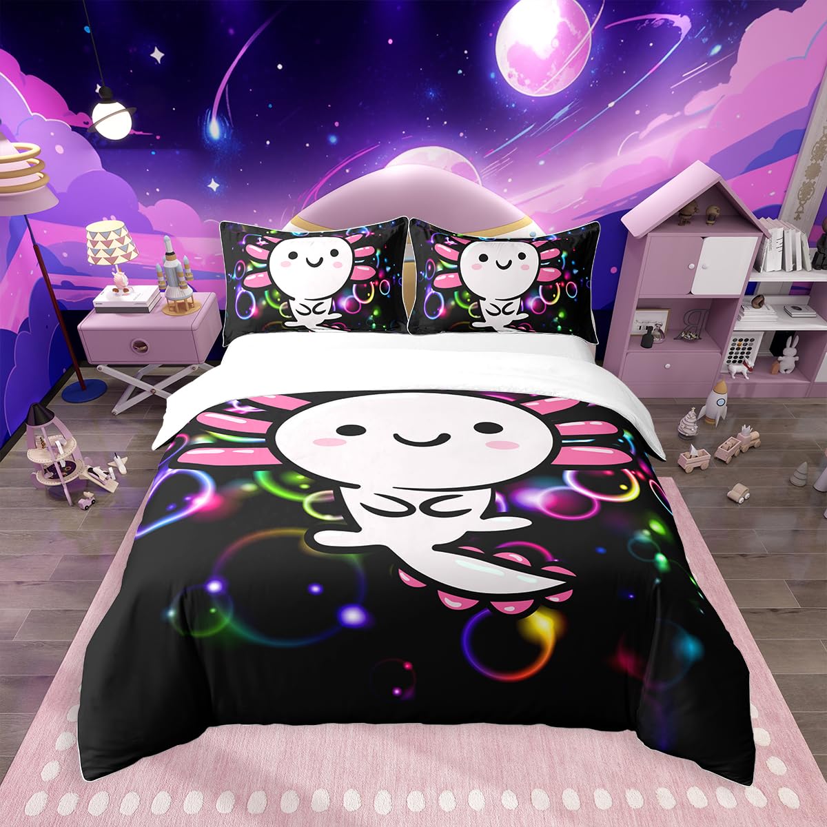 Loussiesd Cartoon Axolotl Bedding Set Kawaii Salamander Glitter Aperture Comforter Cover for Kids Boys Girls 3D Animals Duvet Cover Breathable Salamander Colorful Bedspread Cover Double Size