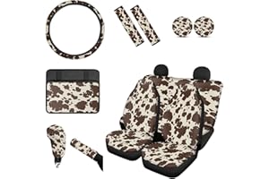 Wanyint Brown Cow Car Seat Covers Full Set for Women Men Adorable Animal Fur Print Steering Wheel Cover Handbrake Cover Gear Shift Cover Automotive Coaster Seat Belt Shoulder Cover Armrest Pad
