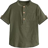 Malliosse Boys Short Sleeve Henley Shirt Button Up Linen Cotton Dress Shirts Tees Tops with One Pocket