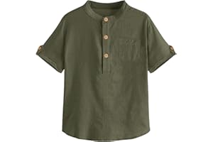Malliosse Boys Short Sleeve Henley Shirt Button Up Linen Cotton Dress Shirts Tees Tops with One Pocket
