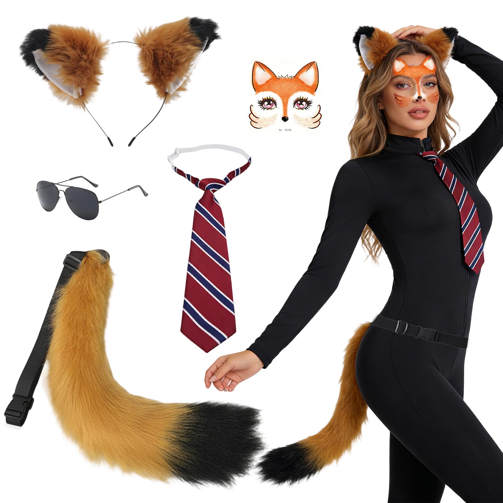 5Pcs Fox Costume Set, Faux Fur Animal Fox Accessories with Fluffy Fox Ears Headband Fox Tail Mask Stickers Tie Sunglasses, Suitable for Carnival Christmas Fancy Dress Up Cosplay World Book Day Girl