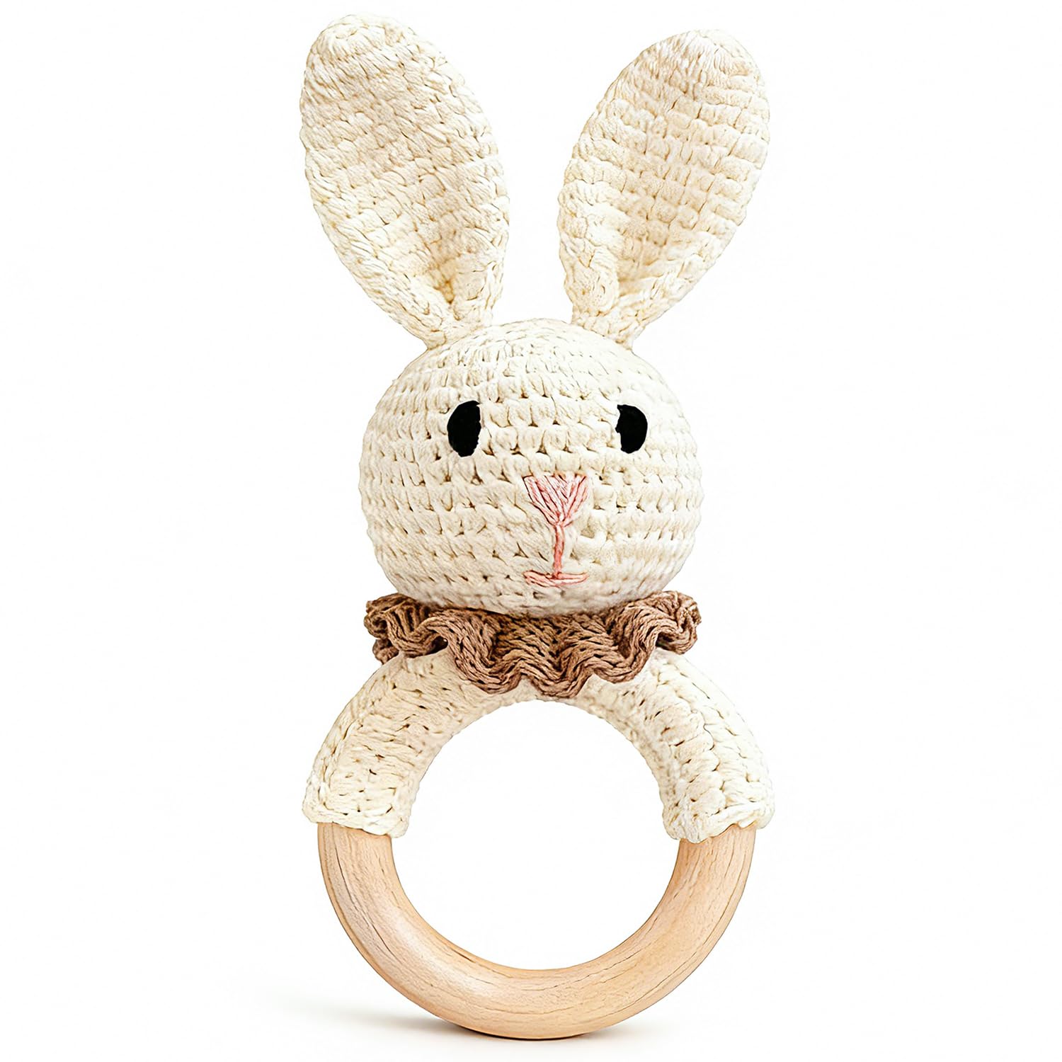 Baby Rattle Toys, Handcrafted Crochet Bunny Rattles with Wooden Teething Ring, Organic Newborn Toy Crochet Stuffed Animal Rattle Baby Announcement Ideas, Beig
