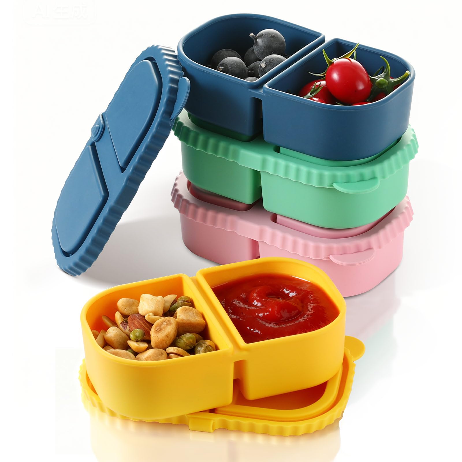 Photo 1 of snuggery 4 pack Silicone Reusable Snack Containers with Lids - Double Compartment Snackle Box for Portion Control & Travel - BPA-Free Mini Containers for Kids, Office, Picnic