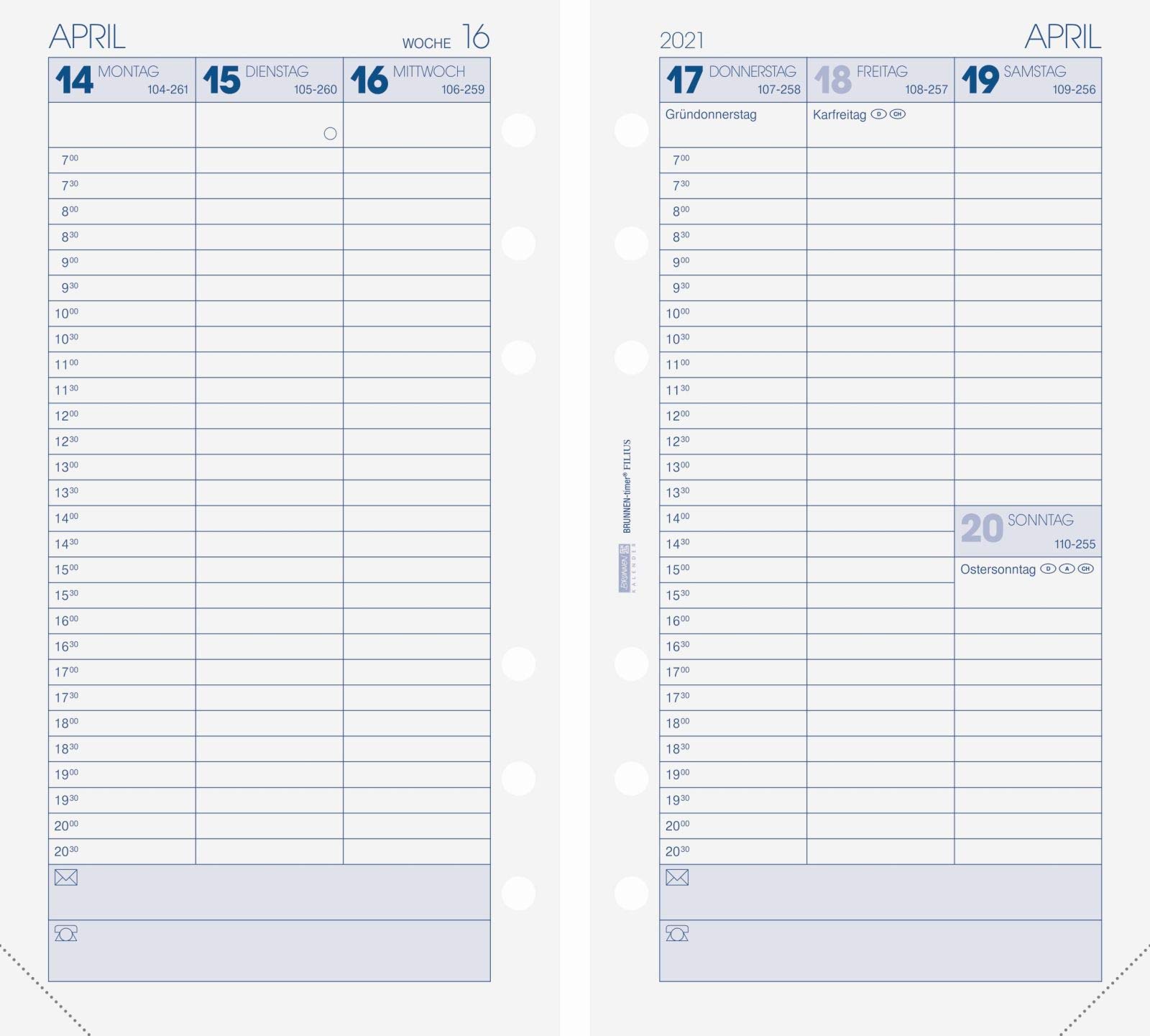Brunnen 1074901001 weekly calendar, schedule systems, 2021, 2 pages = 1 week, sheet size 9.3 x 17.2 cm.