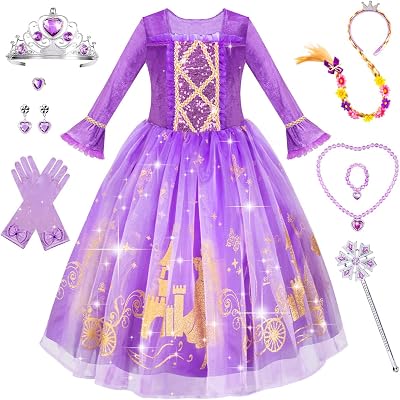 MELAND Princess Dress Up for Girls Purple Velvet, Crown & Accessories (Size M)