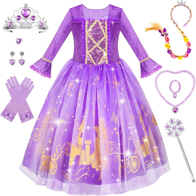 MELAND Princess Dress Up for Girls Purple Velvet, Crown & Accessories (Size M)