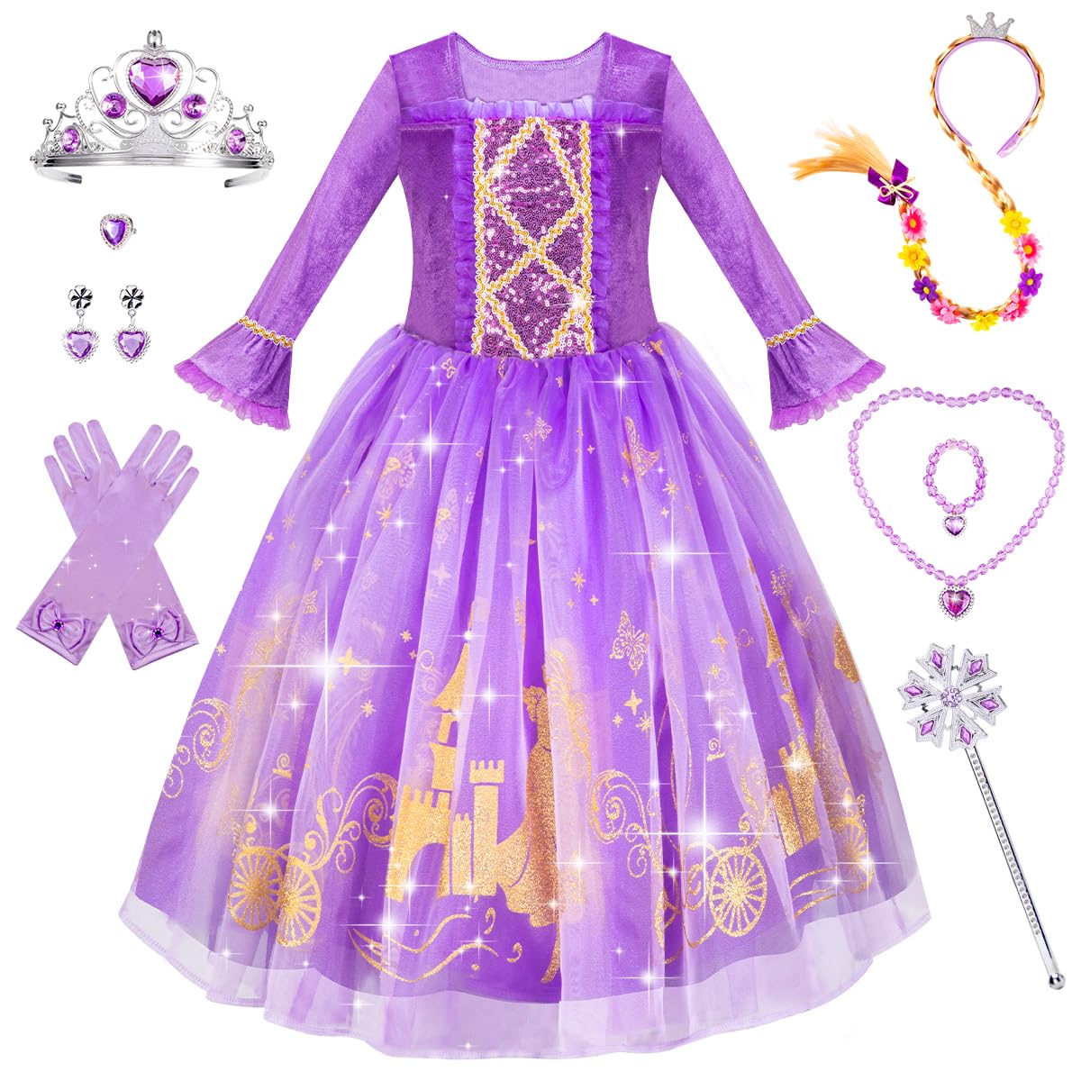 MELAND Princess Costumes for Girls, Purple Princess Dress up for Girls Age 3 to 10, Fancy Dress for Kids & Toddlers Halloween Costumes(S)