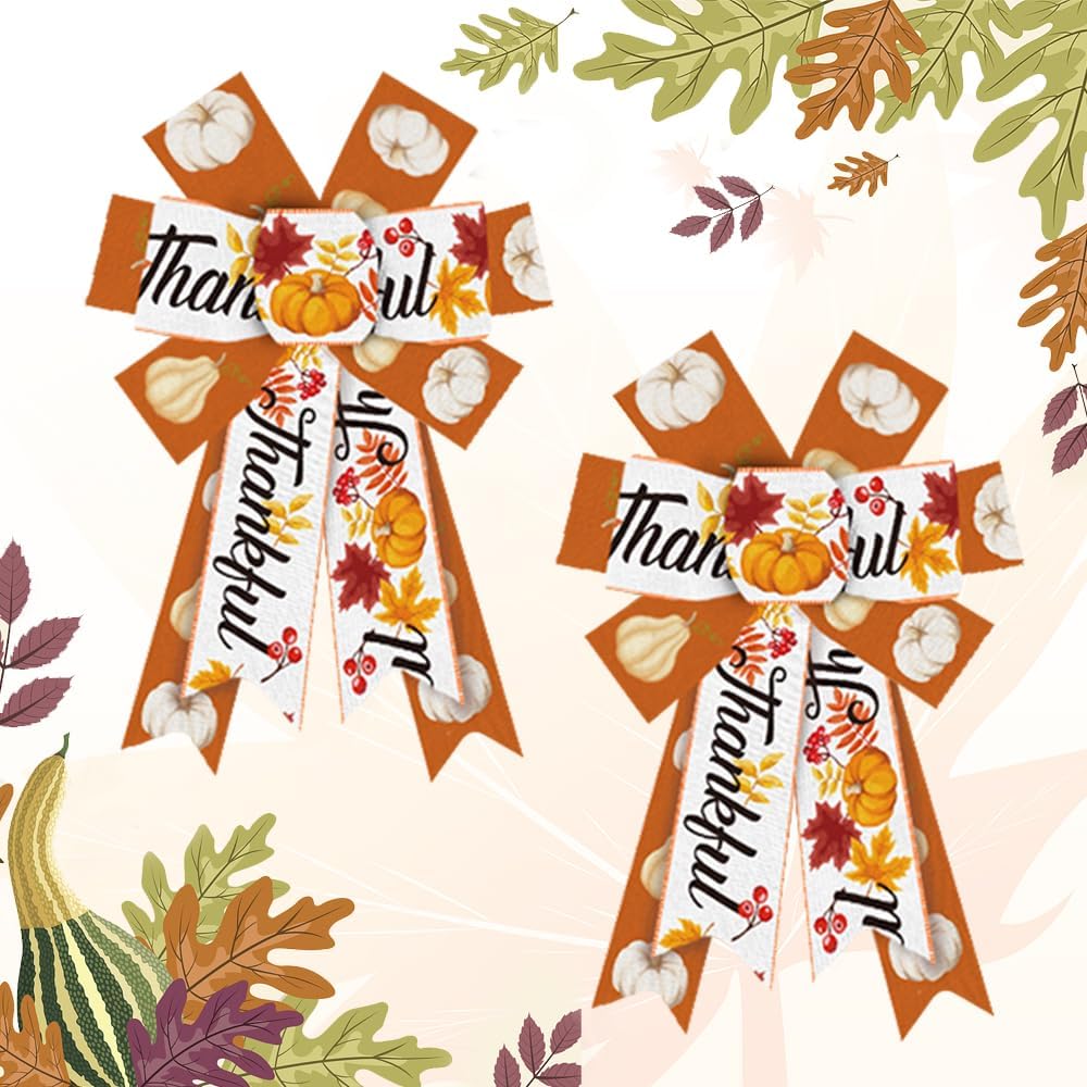 Bows & Ribbons - Hying 2 Pieces Fall Bows for Wreath, Thanksgiving Wreath Bows Orange White Burlap Bow Autumn Harvest Pumpkins Craft Bow Holiday Farmhouse Bows for Front Door Wall Happy Fall Thanksgiving Decorations