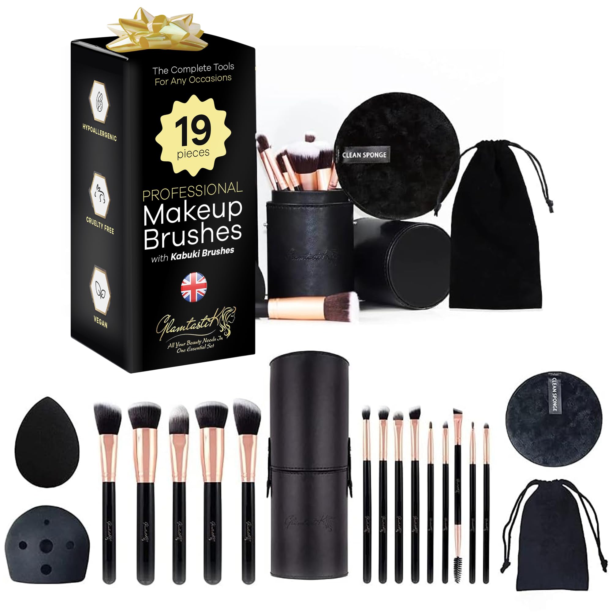 Glamtastik® Professional Makeup Brushes | 19 PC Makeup Brush Set | Vegan Cosmetic Kit with Kabuki Make up Brushes Beauty Blender Remover Pad Cleaner Brush Case Gift Set UK Brand