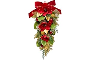 Lnymura Lighted Christmas Teardrop Wreath Xmas Floral Teardrop Swags with Timer Red Magnolias Glitter Ball Ornament Red Bow Holiday Winter Decorations for Door Wall Mantel