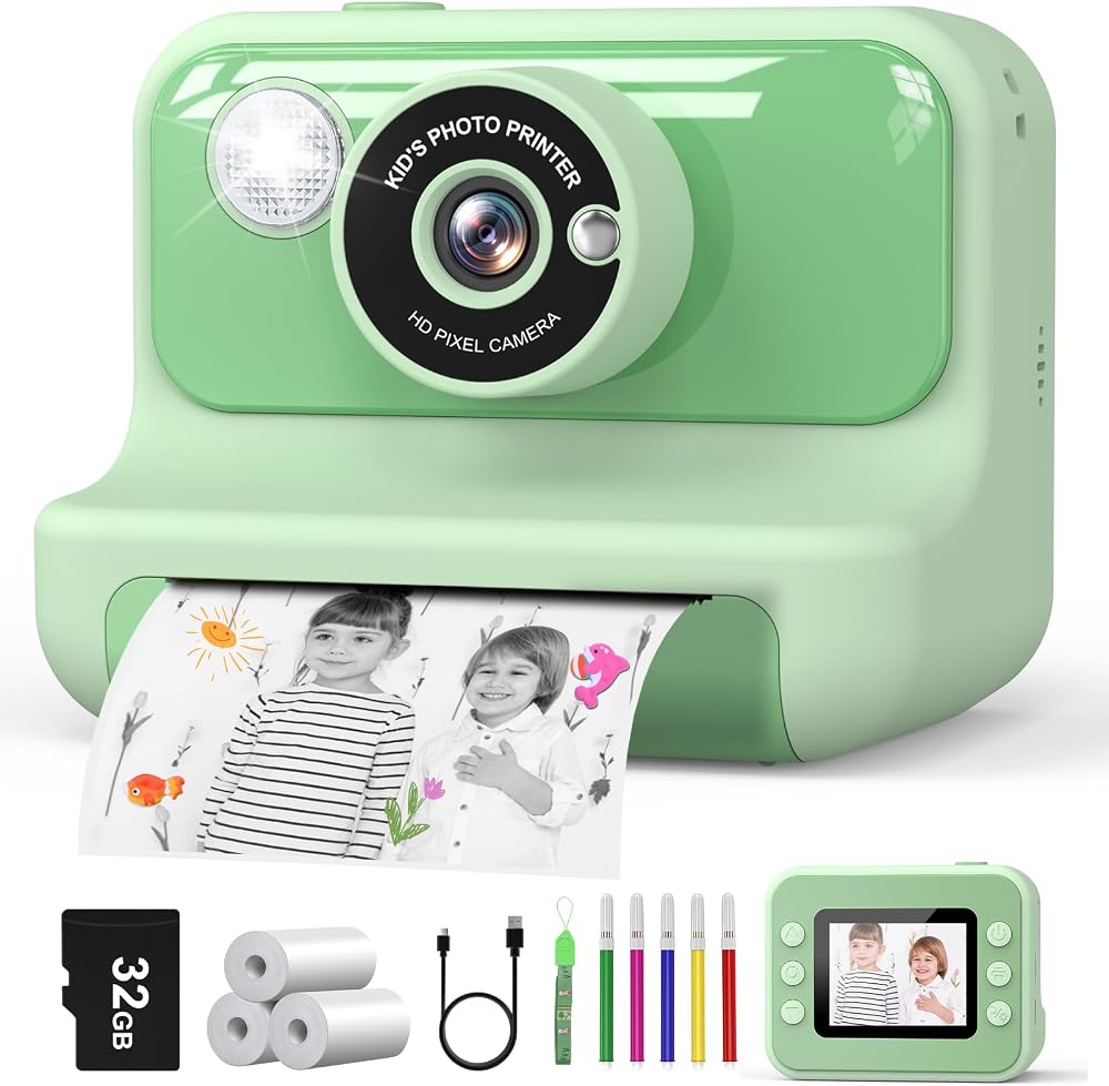 Hangrui Kids Camera Instant Print 2.4 Inch 1080P 32GB Card 3 Rolls Paper Green