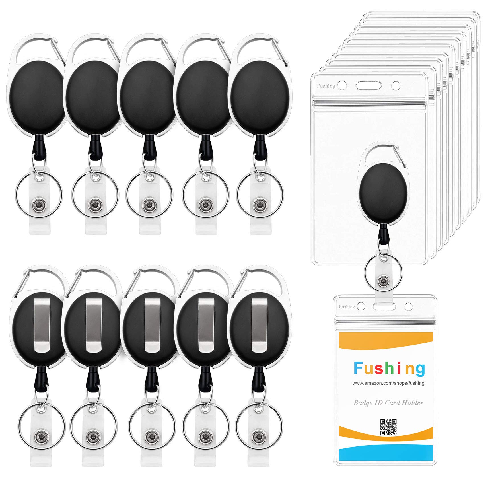 Fushing 10 Pack Retractable Badge Holders, Clear Waterproof Plastic Badge Holders ID Card Name Tag Holders with Retractable Badge Reel Carabiner Belt Clip and Metal Split Ring (Vertical)