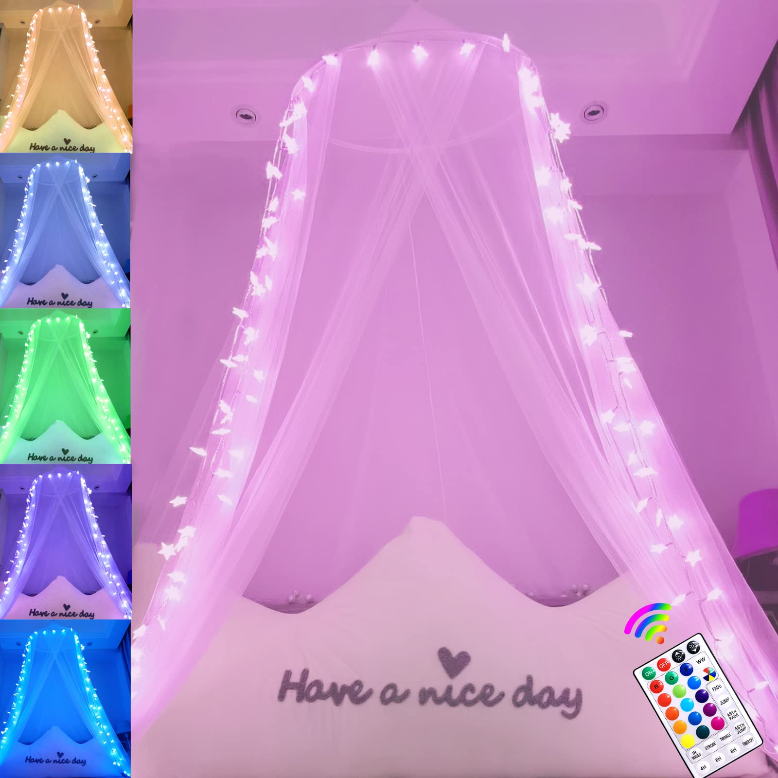 Oycbuzo White Bed Canopy for Girls, 100LED Canopy Bed Curtains with 24 Colors Changing Lights, Hanging Princess Bed Netting for Women Gifts Girls Bedroom Decor, Single to King Size Beds